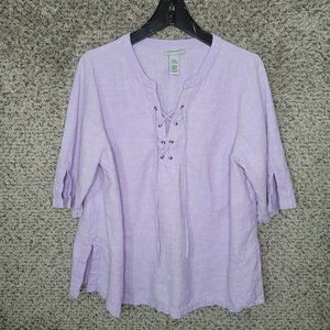 Catherines‎ Top Womens Petite Plus 0XWP Purple Lace Up Linen Blend Casual Ladies